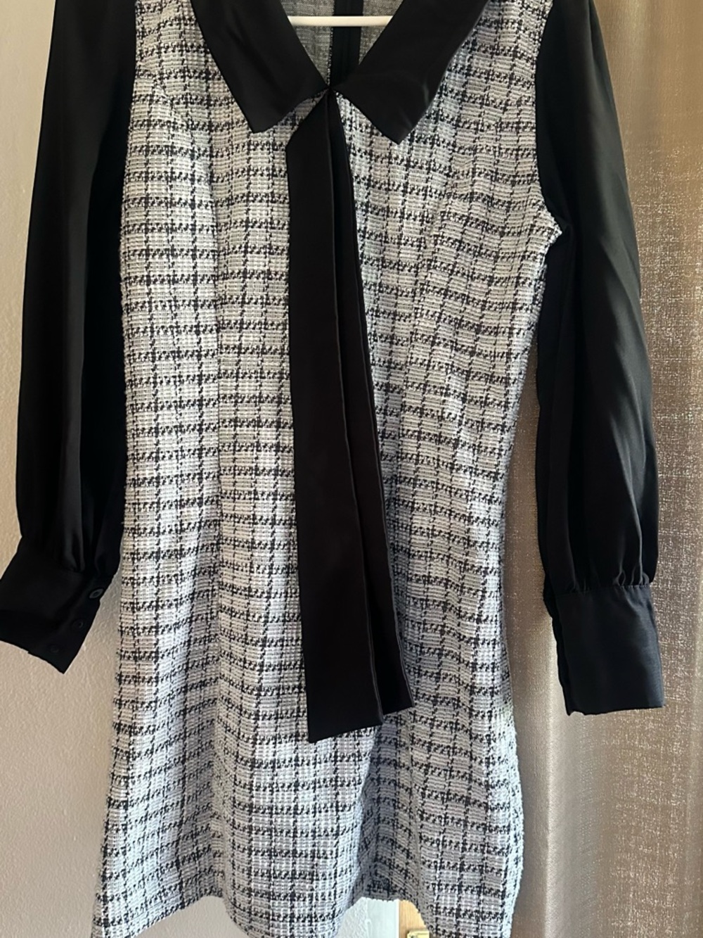 SHEIN Black and White Tweed Bow-Front Long Sleeve Dress